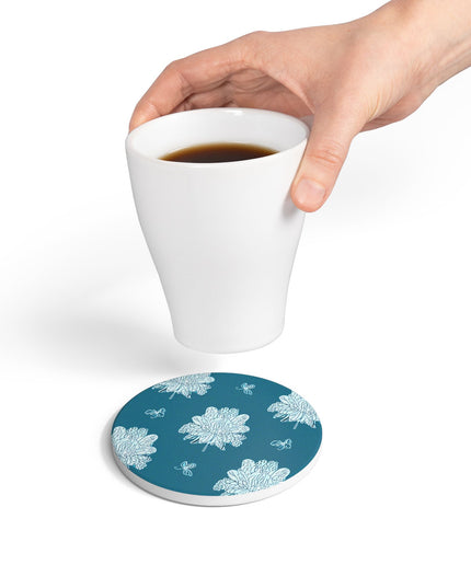 Tif Green White Floral Butterflies 4" x 4" Round Ceramic Coaster