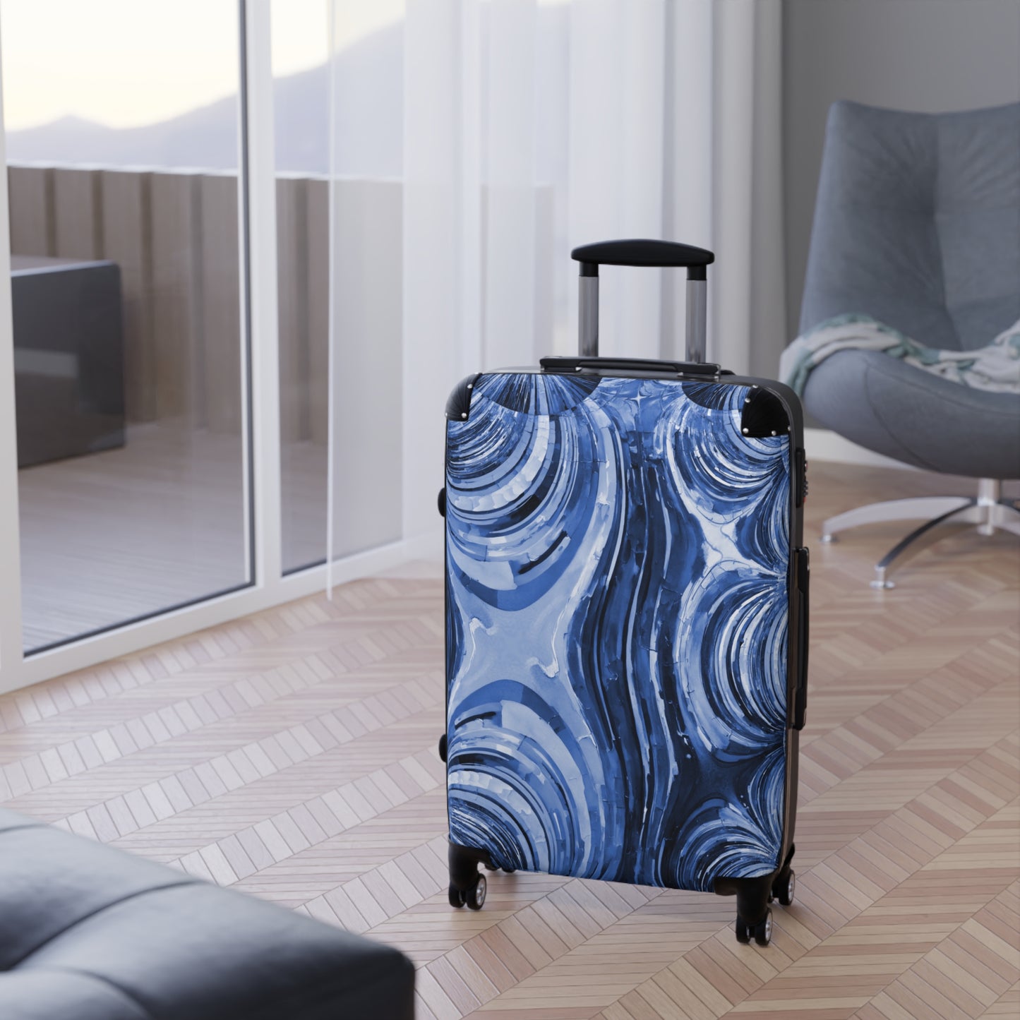 Uzi Spiral Deep Blue Medium Suitcase with built in lock, 4 double-wheels, telescopic handle, and ABS back hard-shell