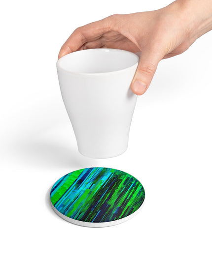 Striped Blue Green 4" x 4" Round Ceramic Coaster