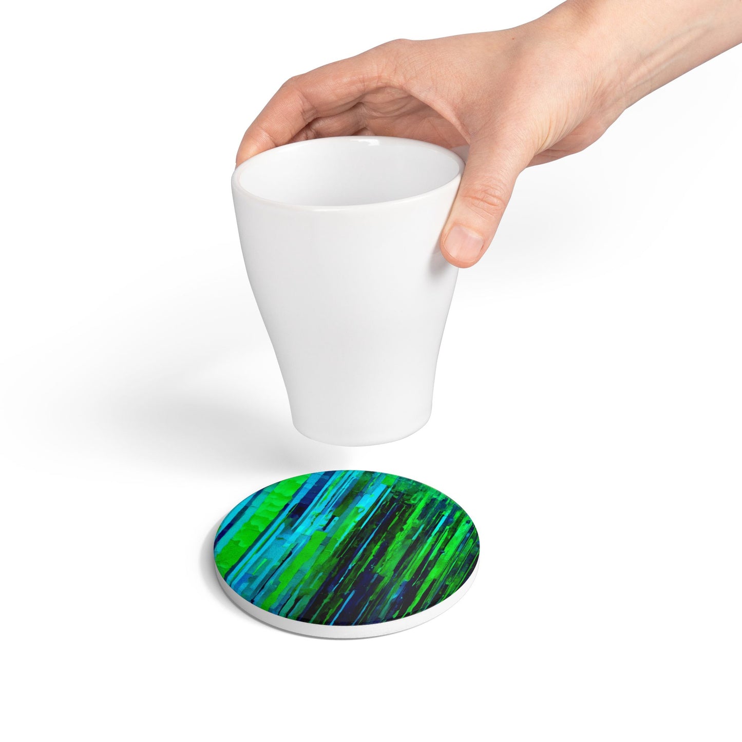 Striped Blue Green 4" x 4" Round Ceramic Coaster
