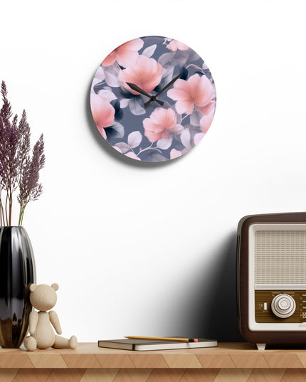 Peach and Blue Gray Floral Bunch Acrylic Wall Clock, Round or Square, 10.75" x 10.75"