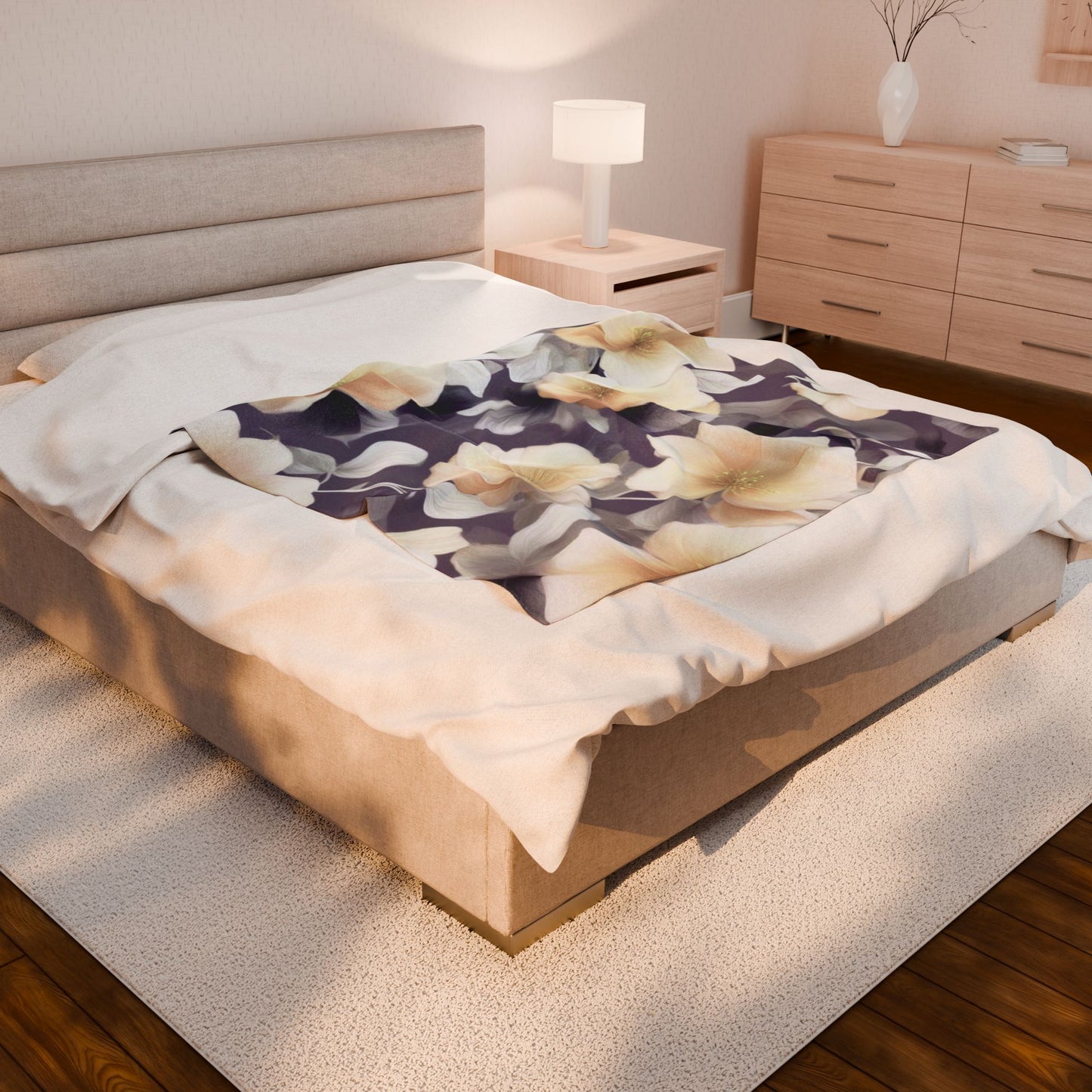 White Blush Floral Bunch Velveteen Plush Blanket, 50" x 60"