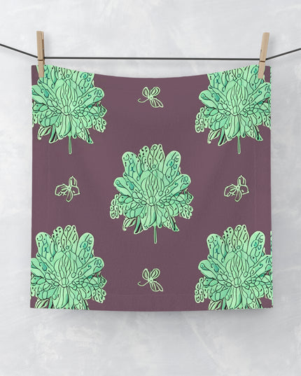 Mint Green Floral Butterflies Face Towel, 13" x 13"