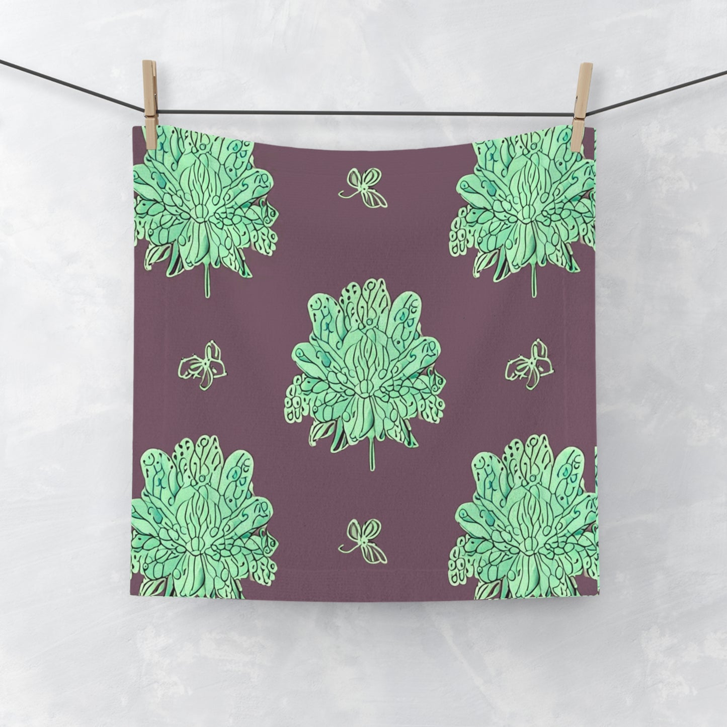 Mint Green Floral Butterflies Face Towel, 13" x 13"