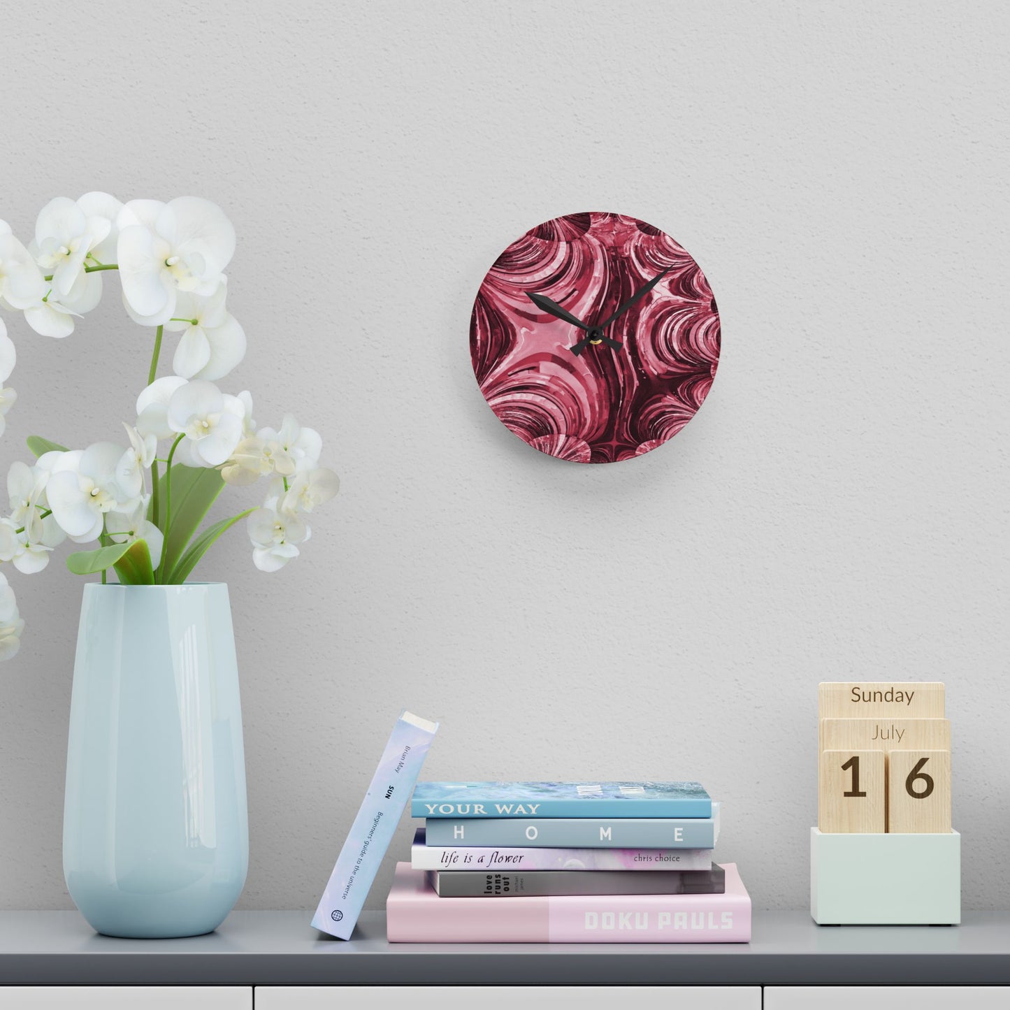 Uzi Spiral Ruby Acrylic Round Wall Clock, 8" x 8"