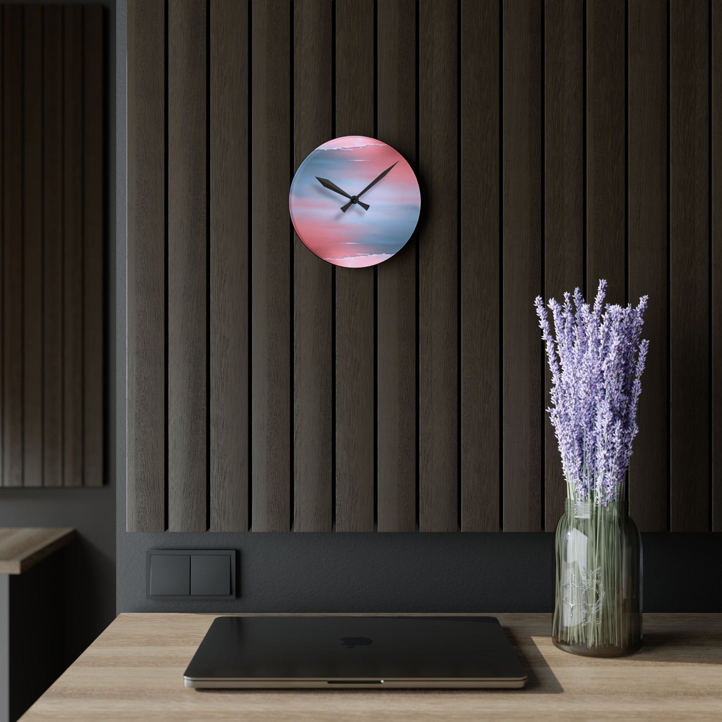 Gray Sea Pink Fog Acrylic Round Wall Clock, 8" x 8"