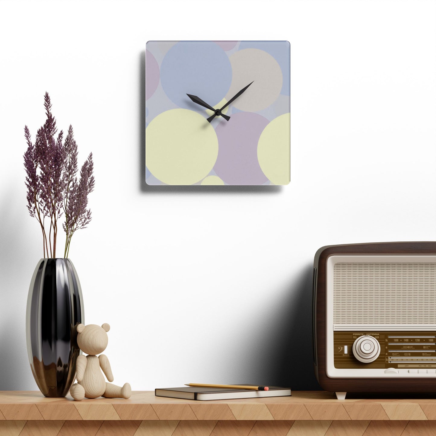 Pastel Soft Blue and Soft White Patches Acrylic Wall Clock, Round or Square, 10.75" x 10.75"