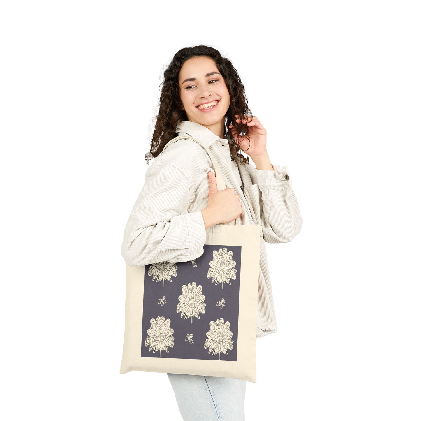 White Floral Butterflies Cotton Canvas Tote Bag