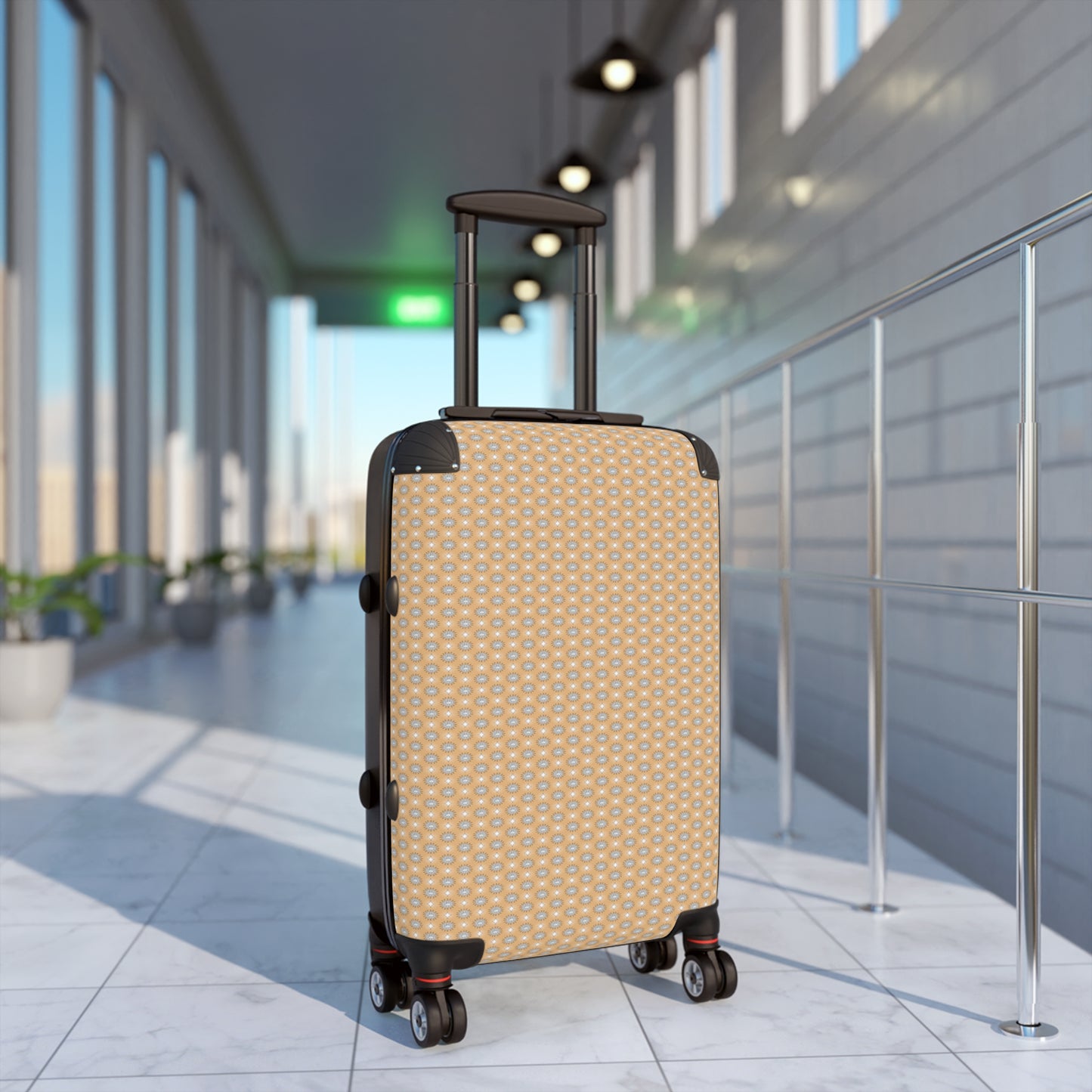 Tan Sunset Star-crossed Bodies Small Suitcase with built in lock, 4 double-wheels, telescopic handle, and ABS back hard-shell