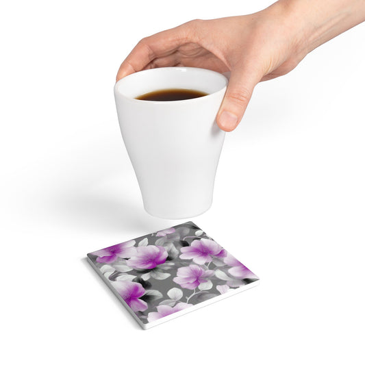 Purple Blossom Floral Bunch Square Ceramic Coaster, 4" x 4"