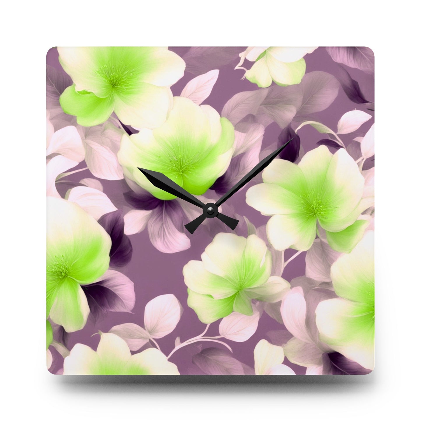 Lime Lavender Floral Bunch Acrylic Wall Clock, Round or Square, 10.75" x 10.75"