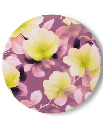 Lemon Blossom Floral Bunch Round Ceramic Coaster, 4" x 4"