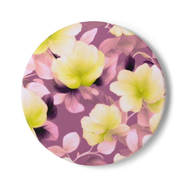 Lemon Blossom Floral Bunch Round Ceramic Coaster, 4" x 4"