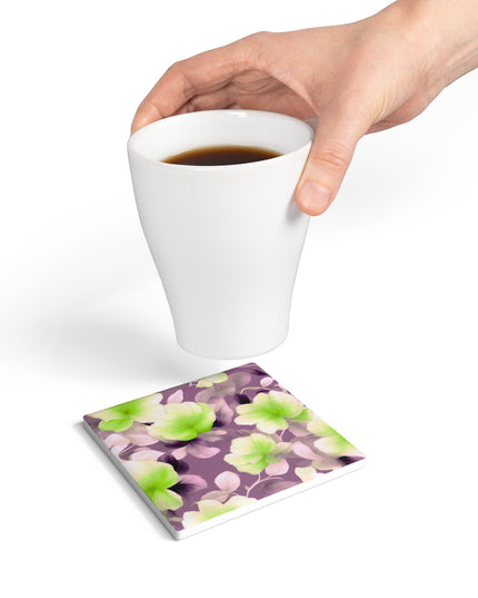 Lime Lavender Floral Bunch Square Ceramic Coaster, 4" x 4"