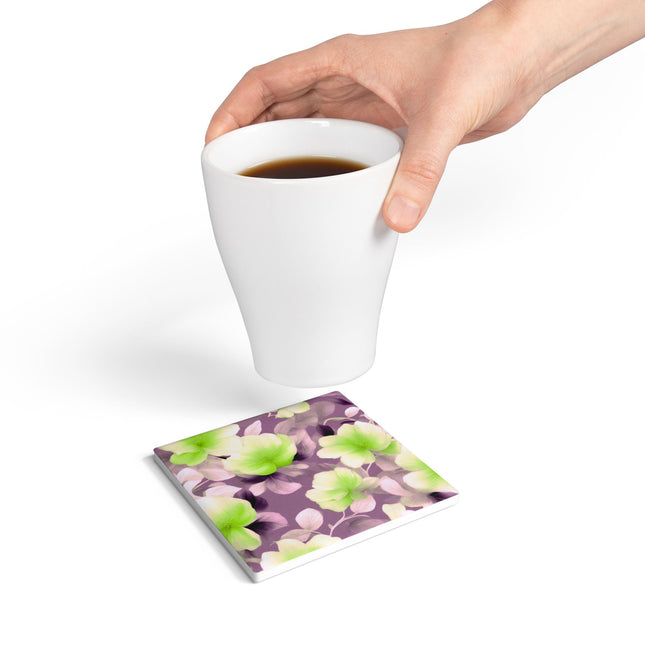 Lime Lavender Floral Bunch Square Ceramic Coaster, 4" x 4"