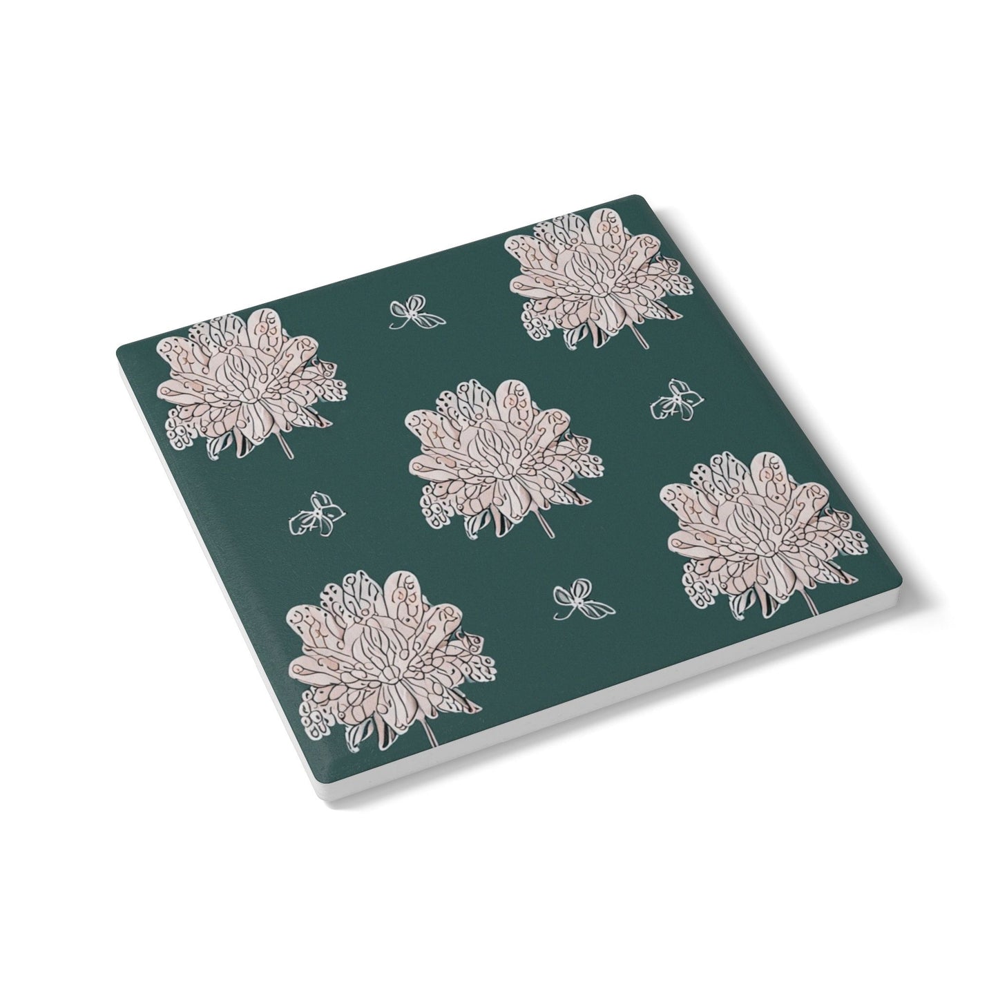 Soft White Floral Butterflies 4" x 4" Square Ceramic Coaster