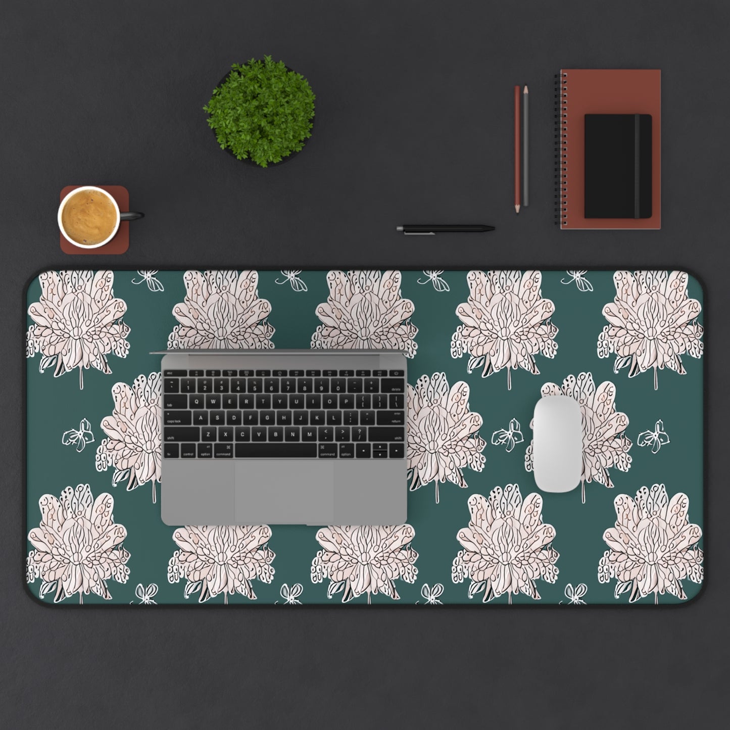 Soft White Floral Butterflies 16" x 32" Desk Mat