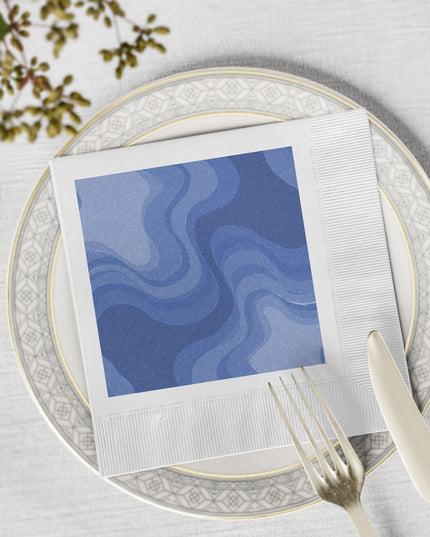 Deep Blue Wavey White Coined Napkins, 6.5" x 6.5"