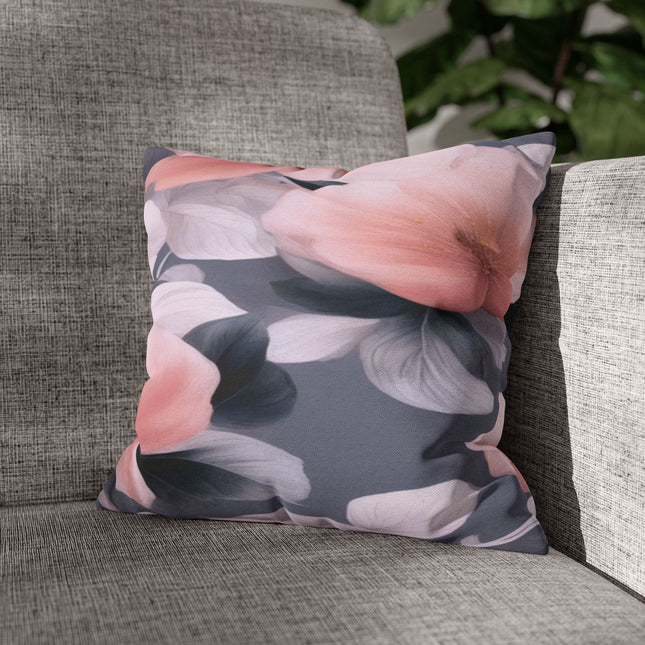 Peach and Blue Gray Floral Bunch Spun Polyester Square Pillowcase, 14" x 14"
