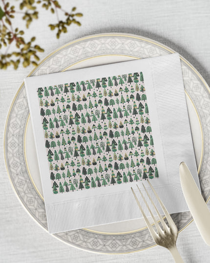 Mini Vintage Green Trees White Coined Napkins, 6.5" x 6.5"