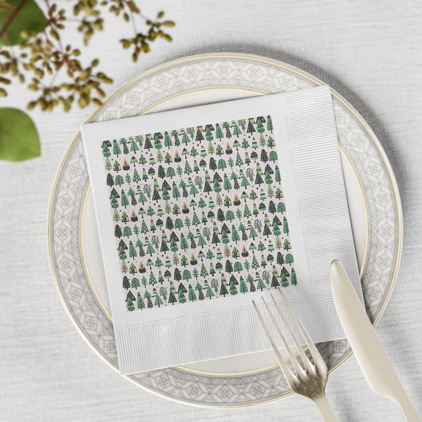 Mini Vintage Green Trees White Coined Napkins, 6.5" x 6.5"