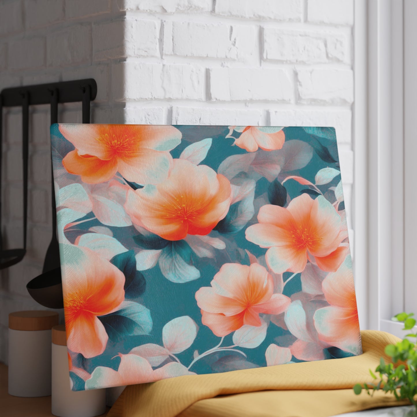 Orange Blossom Floral Bunch Glass Cutting Board, 11" x 15"