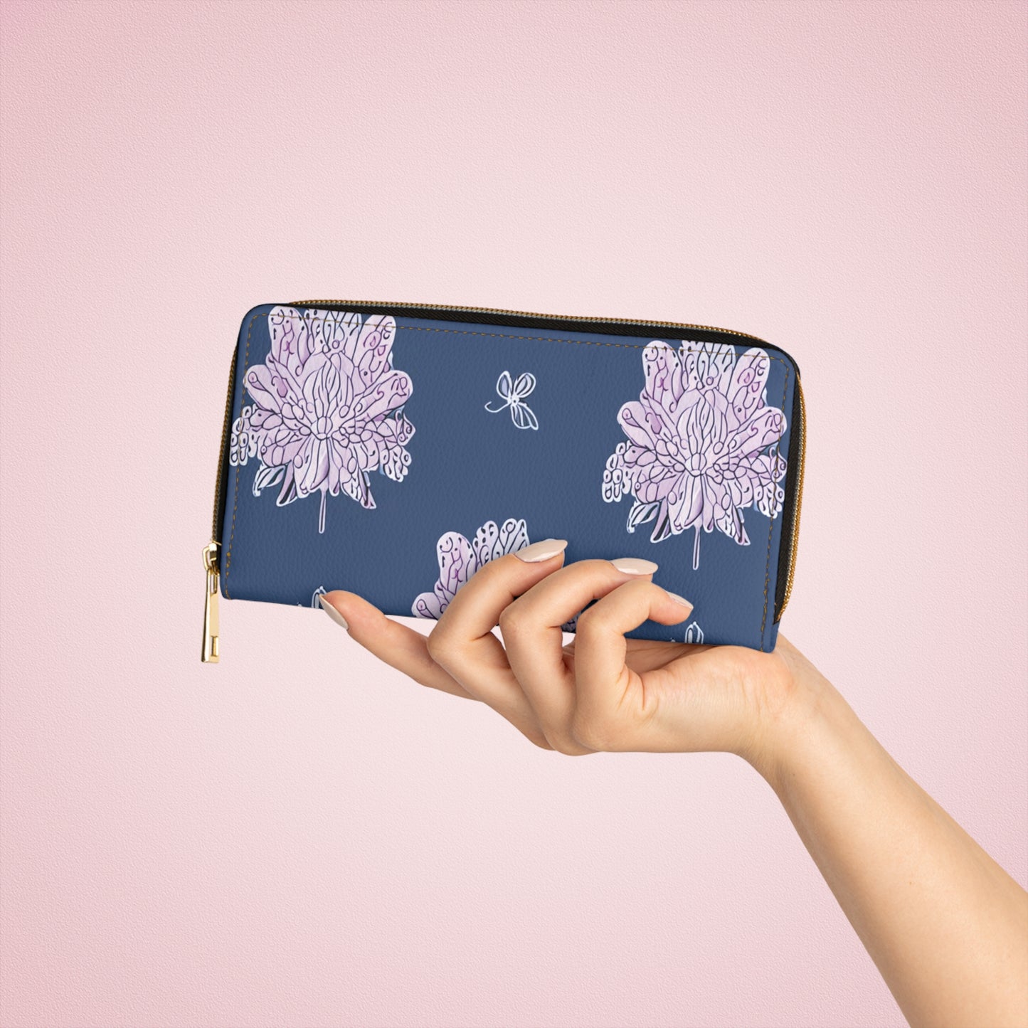Purple White Floral Butterflies Elegant Abstract Zipper Wallet - Stylish & Functional Accessory for Everyday Use