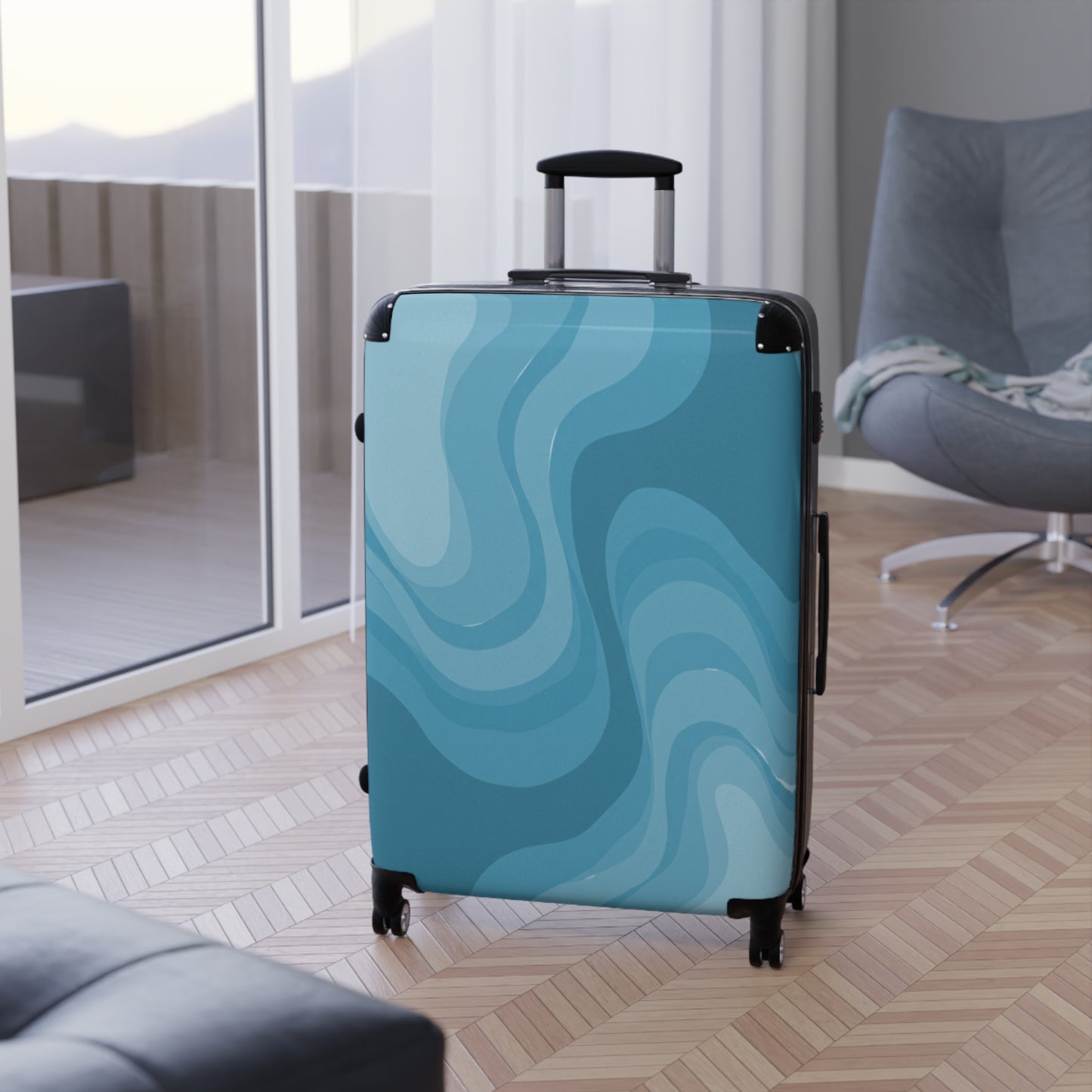 Sky Blue Wavey Large Suitcase with built in lock, 4 double-wheels, telescopic handle, and ABS back hard-shell