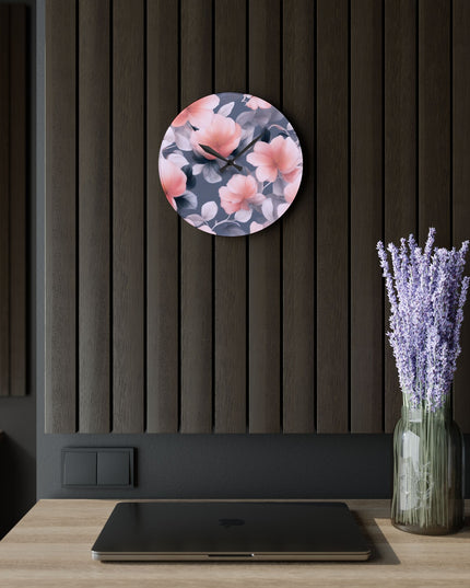 Peach and Blue Gray Floral Bunch Acrylic Wall Clock, Round or Square, 10.75" x 10.75"