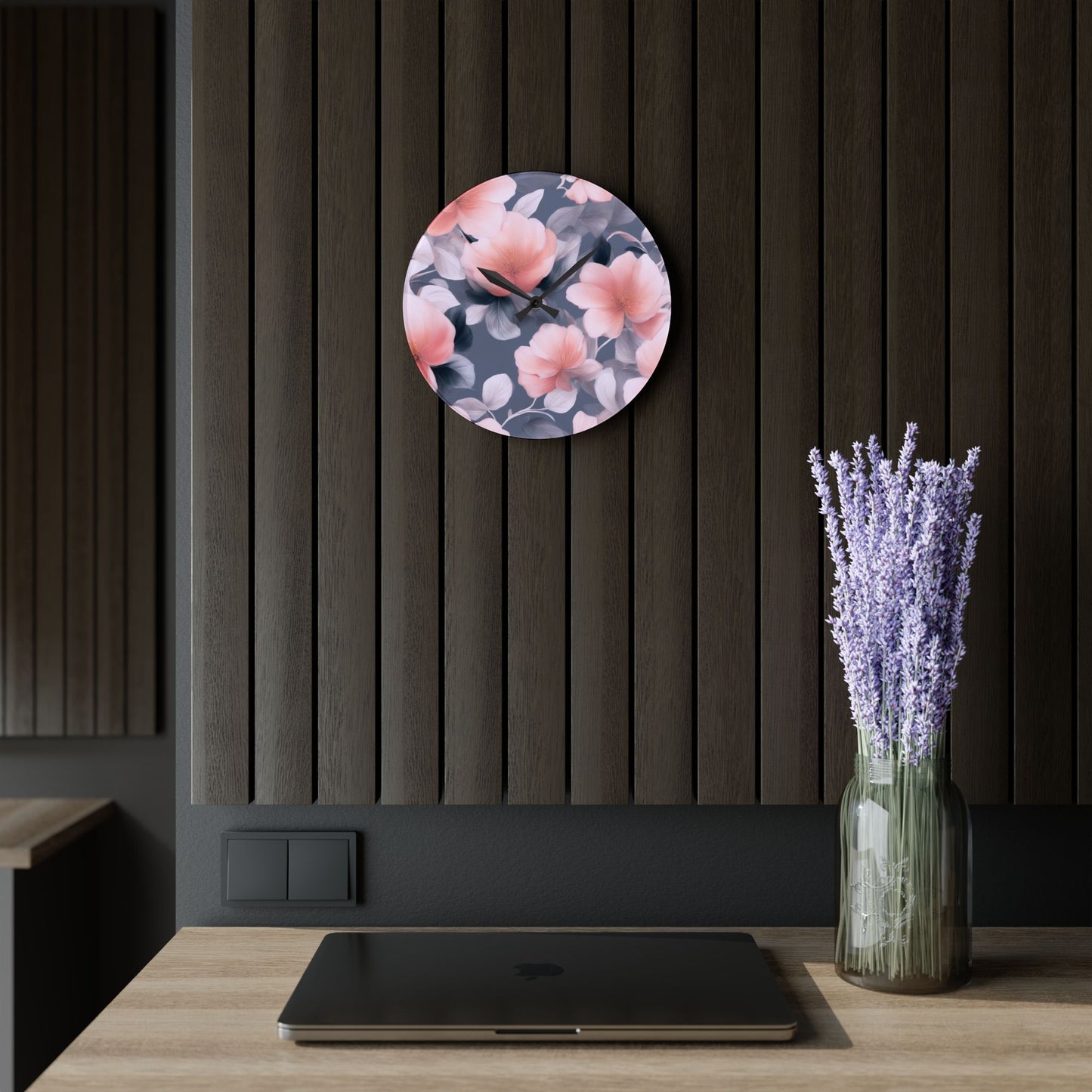 Peach and Blue Gray Floral Bunch Acrylic Wall Clock, Round or Square, 10.75" x 10.75"