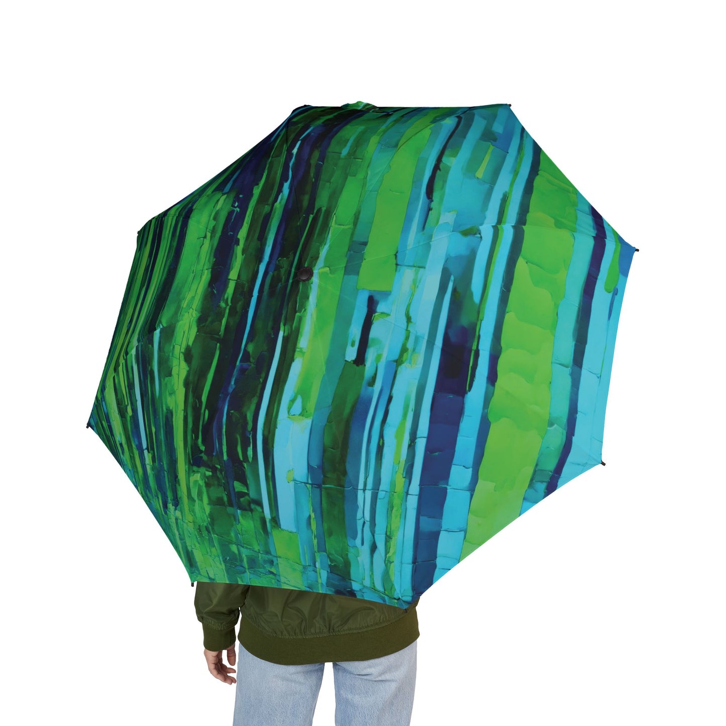 Striped Blue Green Foldable Umbrella - Compact & Chic