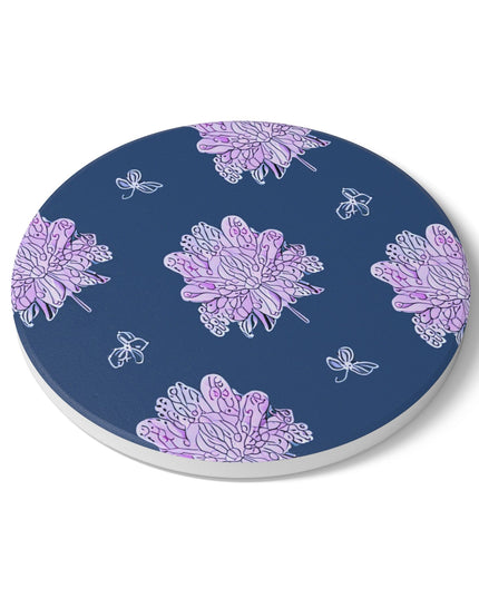 Purple White Floral Butterflies 4" x 4" Round Ceramic Coaster