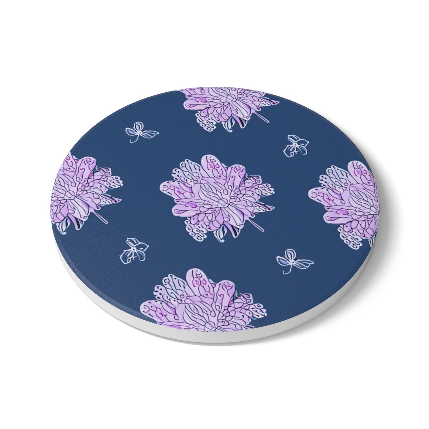 Purple White Floral Butterflies 4" x 4" Round Ceramic Coaster