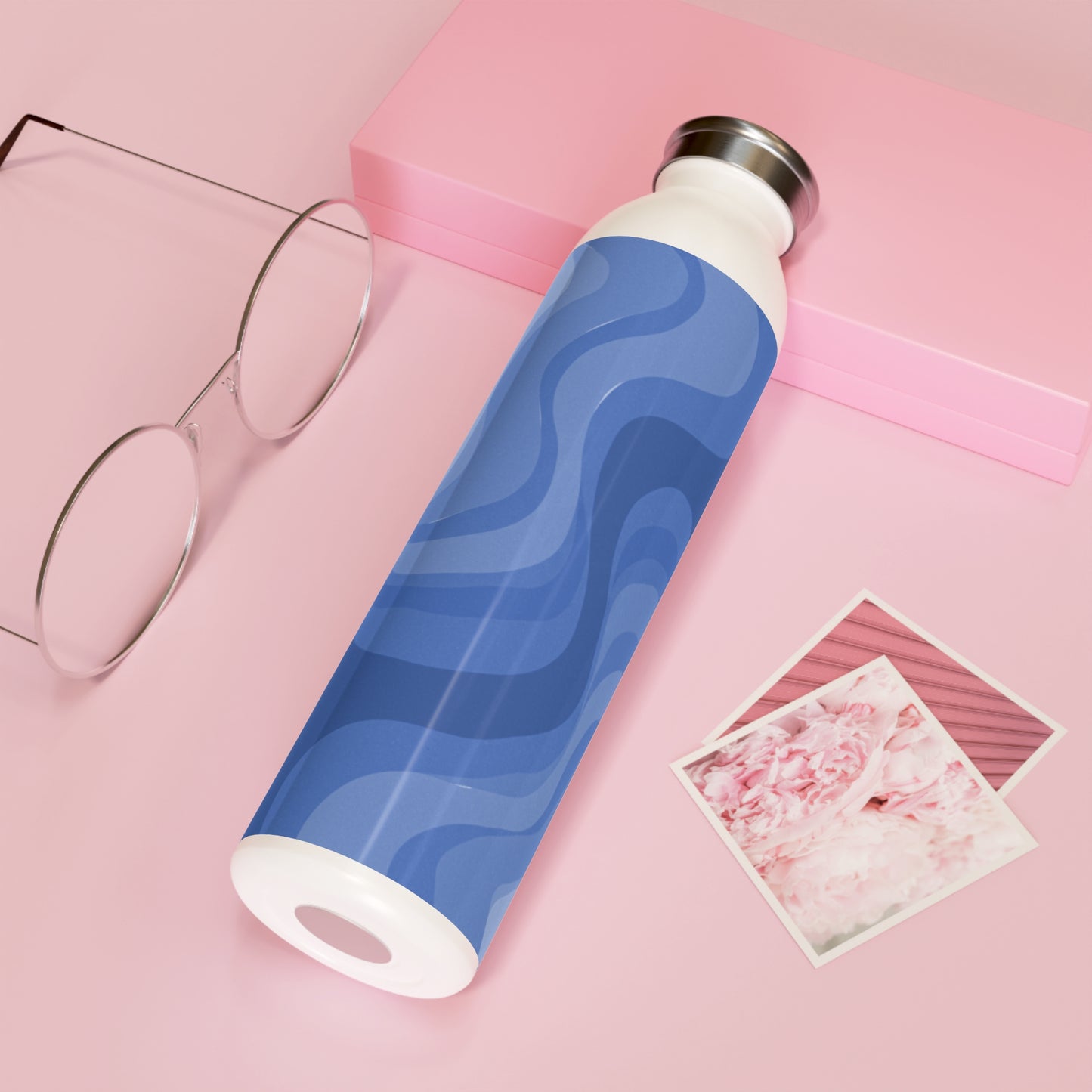 Deep Blue Wavey Slim Water Bottle, 20 oz White
