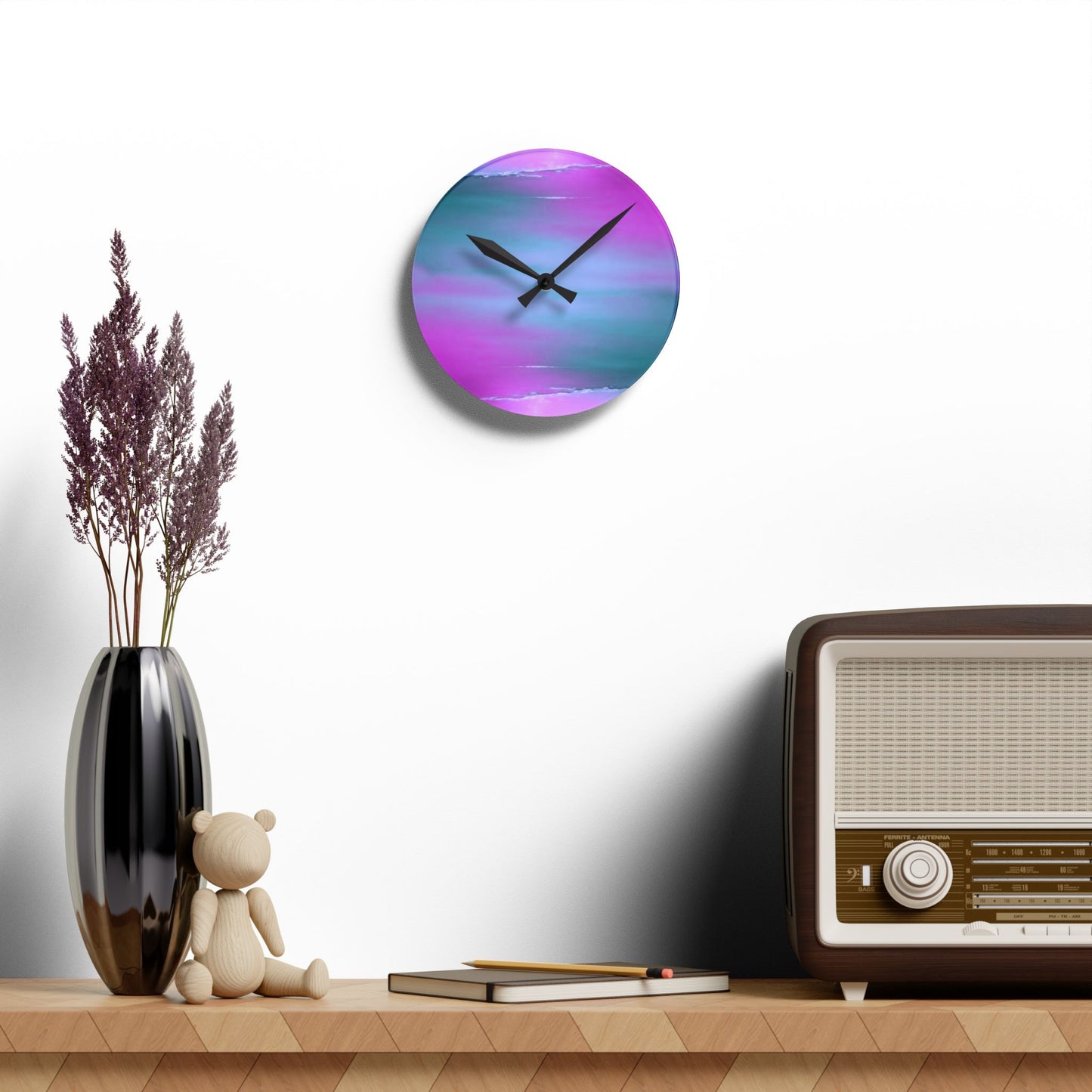 Dark Blue Green Sea Purple Fog Acrylic Round Wall Clock, 8" x 8"