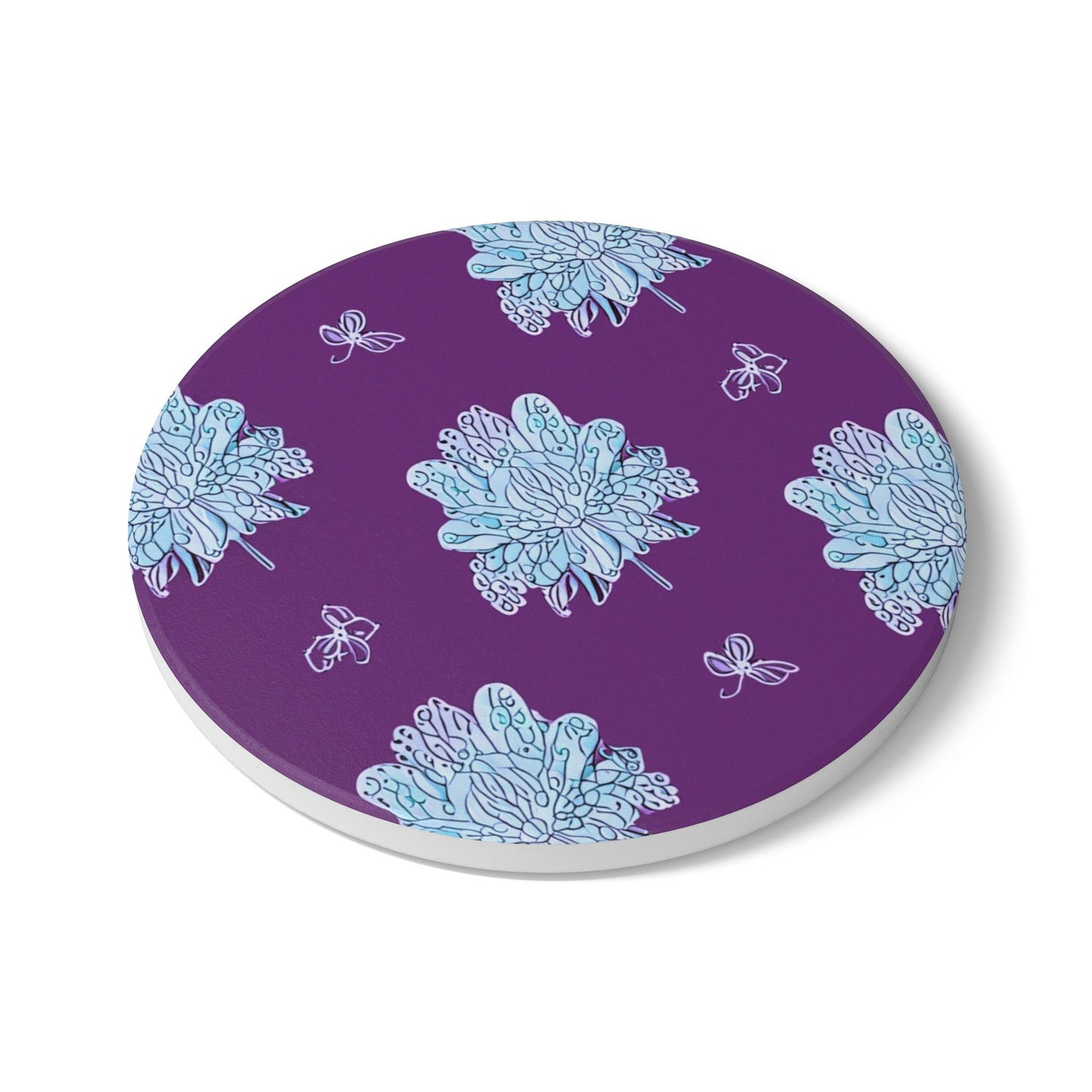 Blue Floral Butterflies 4" x 4" Round Ceramic Coaster
