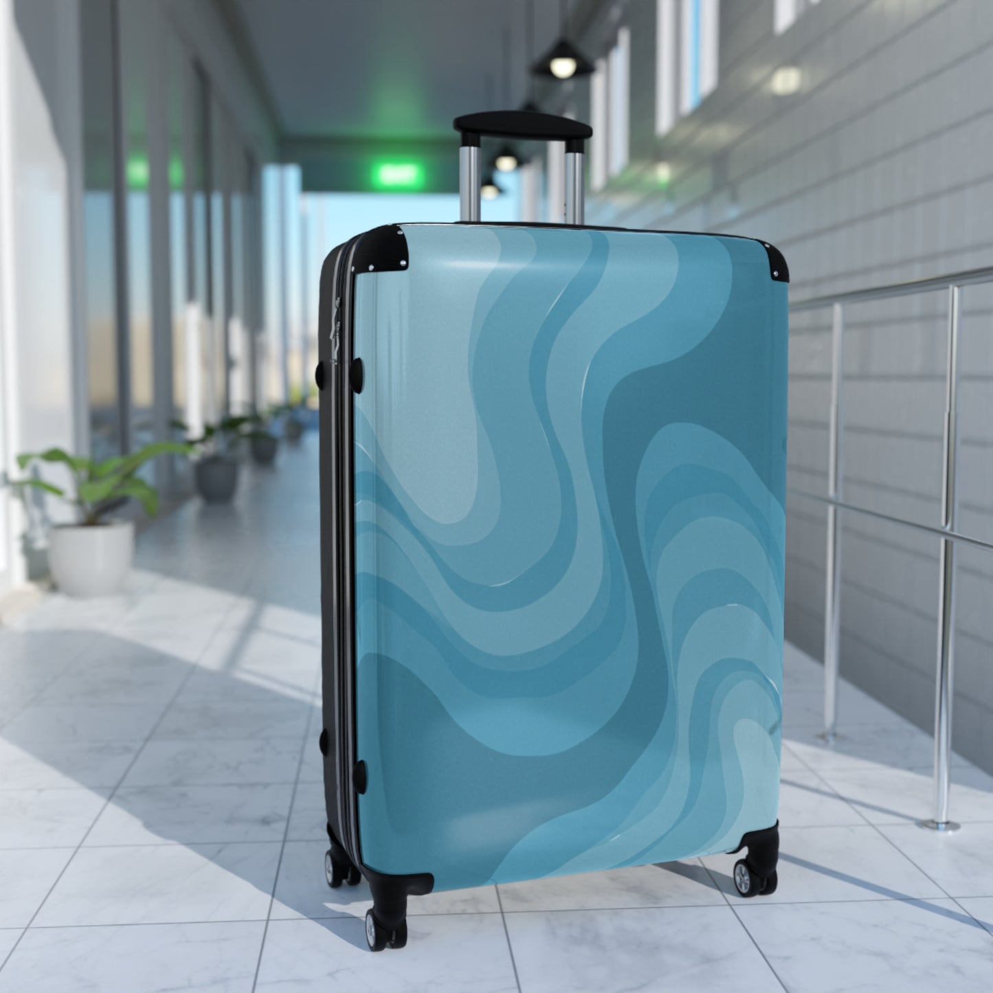 Sky Blue Wavey Large Suitcase with built in lock, 4 double-wheels, telescopic handle, and ABS back hard-shell
