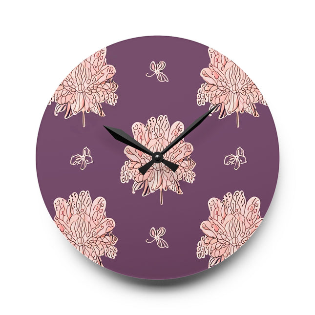 Pink Floral Butterflies Acrylic Wall Clock, Round or Square, 10.75" x 10.75"