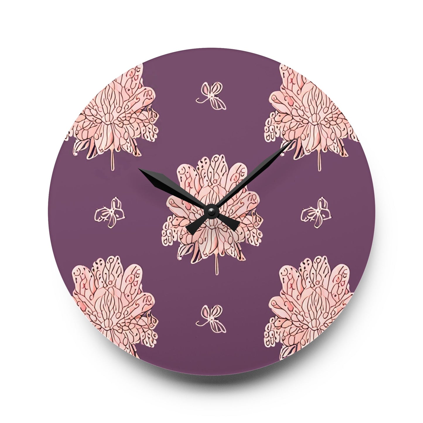 Pink Floral Butterflies Acrylic Wall Clock, Round or Square, 10.75" x 10.75"