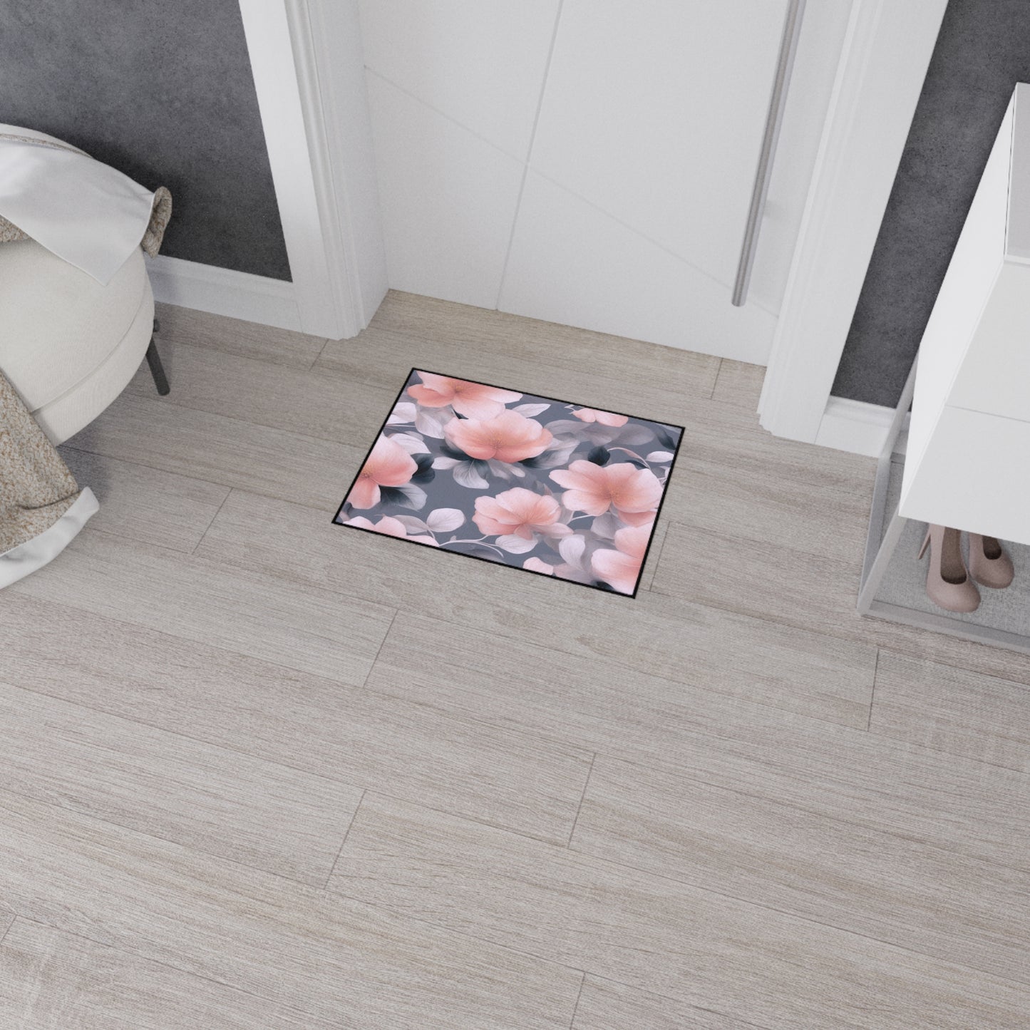 Peach and Blue Gray Floral Bunch Heavy Duty Floor Mat, 18" x 24"