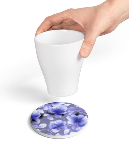 Indigo Blossom Floral Bunch Round Ceramic Coaster, 4" x 4"