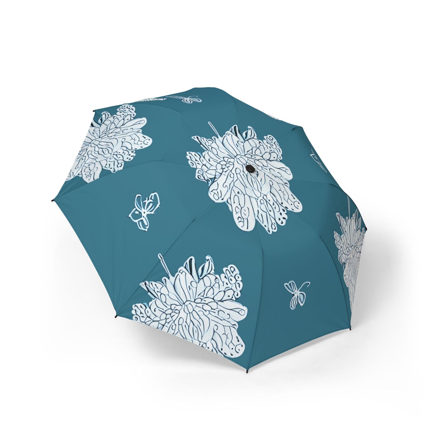 Tif Green White Floral Butterflies Foldable Umbrella - Compact & Chic