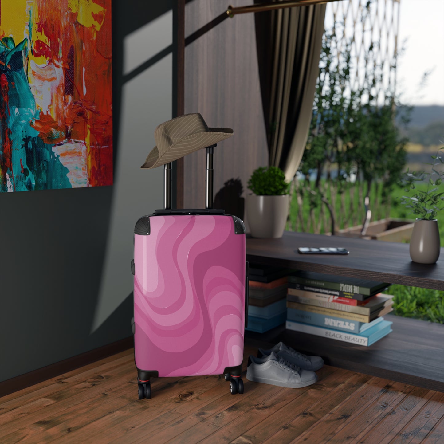 Pinky Mauve Wavey Small Suitcase with built in lock, 4 double-wheels, telescopic handle, and ABS back hard-shell