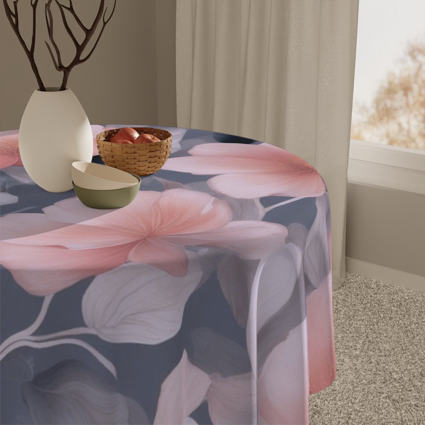 Peach and Blue Gray Floral Bunch Tablecloth, 55" x 55"
