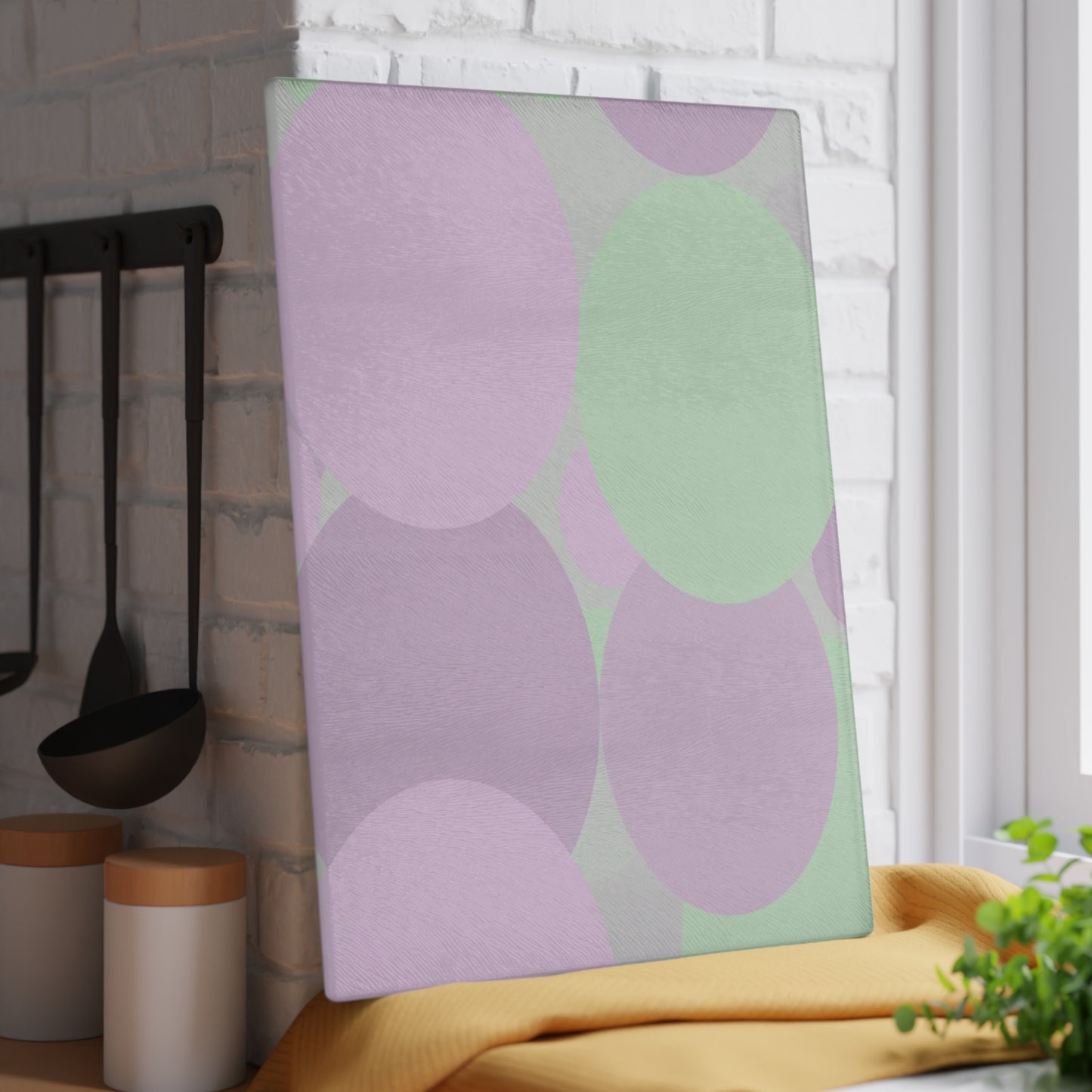 Pastel Lavender Purple and Soft Green Patches 11" x 15" Glass Cutting Board