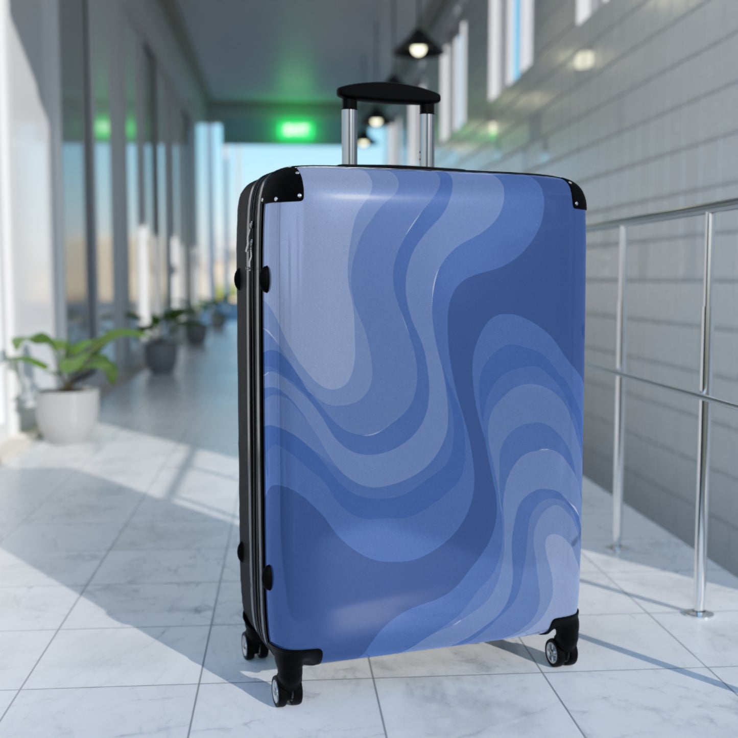 Deep Blue Wavey Large Suitcase with built in lock, 4 double-wheels, telescopic handle, and ABS back hard-shell