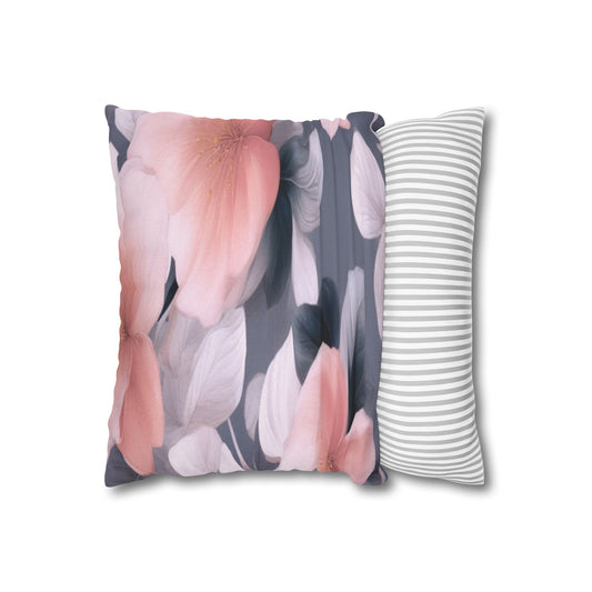Peach and Blue Gray Floral Bunch Spun Polyester Square Pillowcase, 14" x 14"