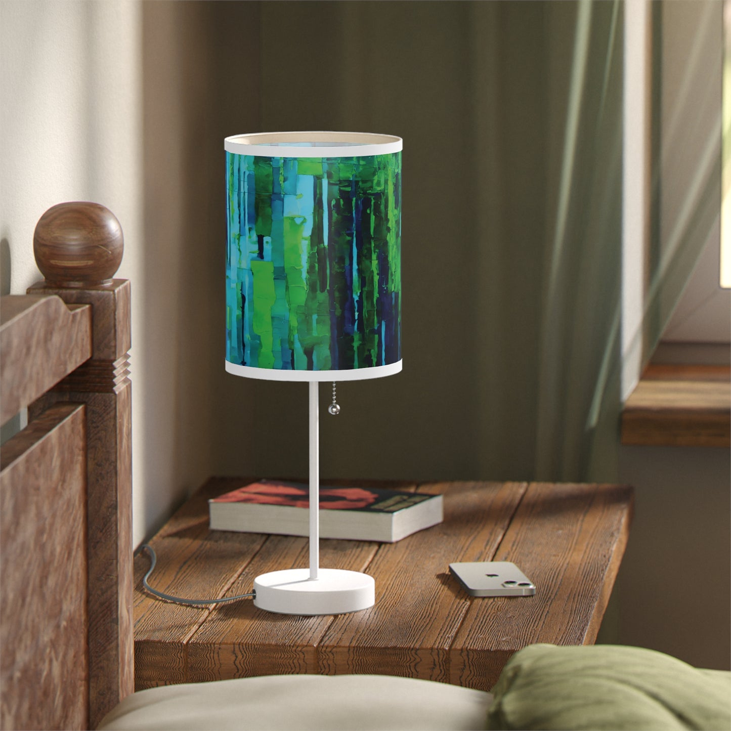 Striped Blue Green Table Lamp on a White or Silver Stand, US|CA plug