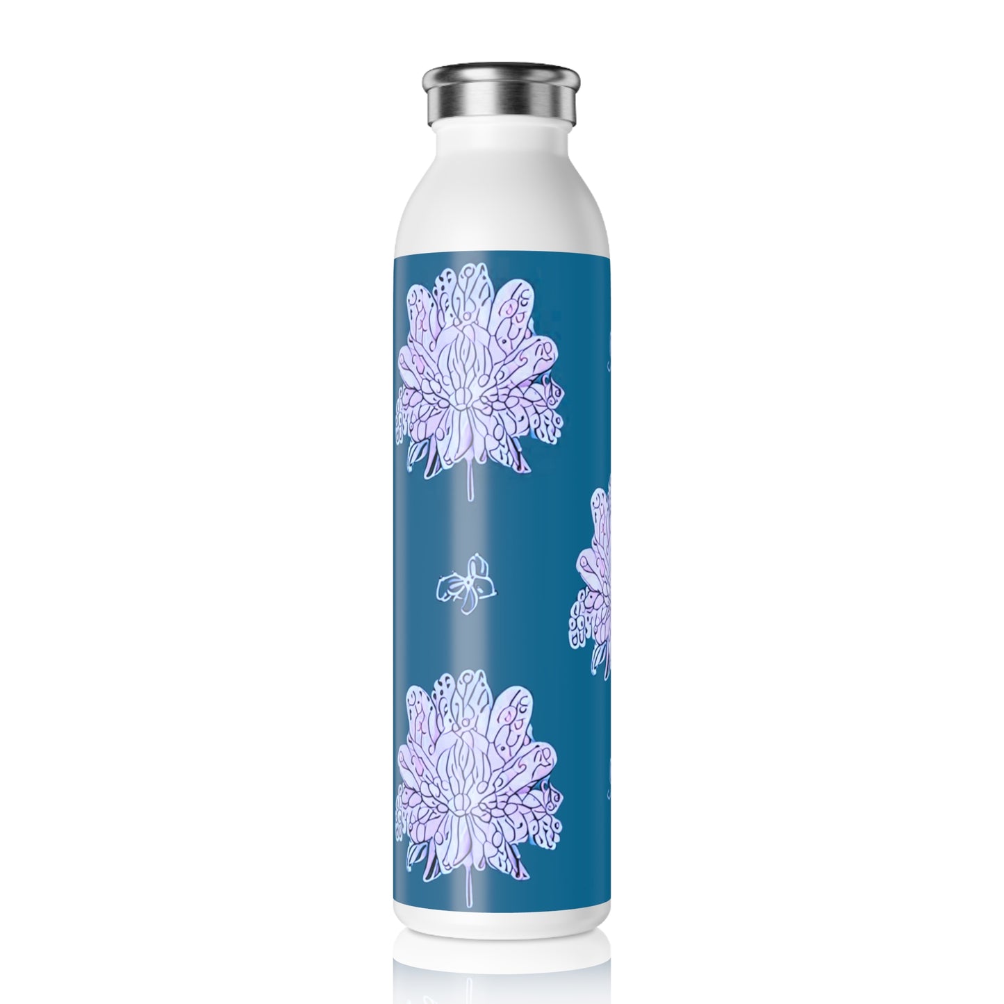 Lavender Floral Butterflies Slim Water Bottle, 20 oz White