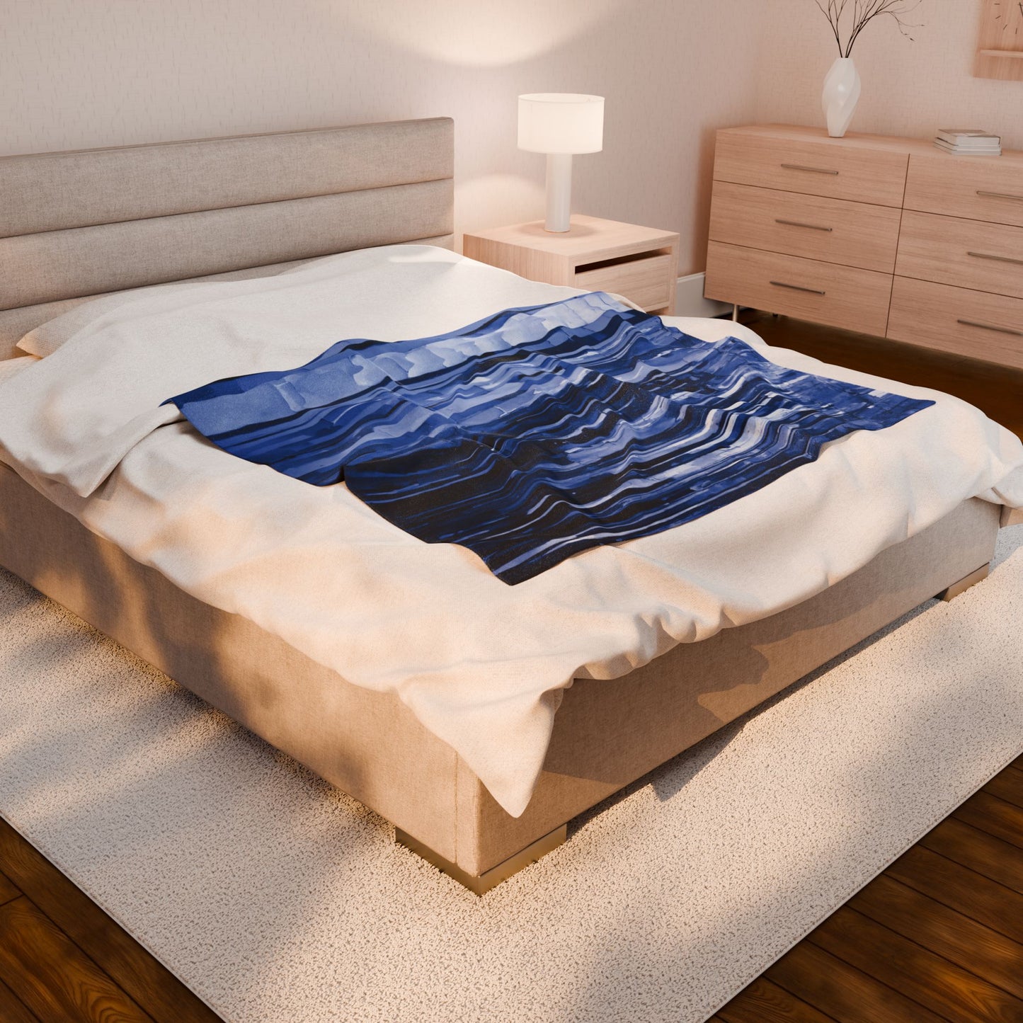 Striped Deep Blue Velveteen Plush Blanket, 50" x 60"